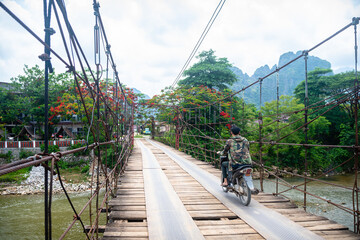 hanging bridge at vang vieng, laos