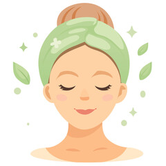woman with towel on head using skincare routine, mask, glowing, morning routine on white background