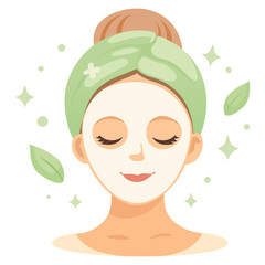 woman with towel on head using skincare routine, mask, glowing, morning routine on white background