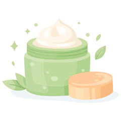 Facial skin care cream with green cup. Healthy living women's morning routine