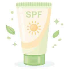  illustration of a tube of soft green Sunscreen with herb theme on white background. Holiday prepare for skin health


