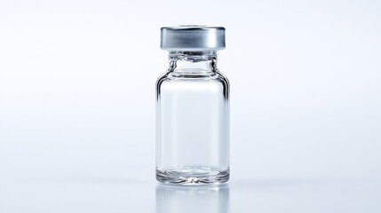 Empty glass medical vial with silver cap for vaccine or drug storage in laboratory setting