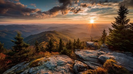 Distant ridge silhouettes at dusk in the Blue Ridge Mountains, dramatic sky and glowing valley