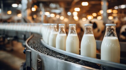 Fresh milk glass bottles moving on automated conveyor belt in a modern dairy processing factory with cows in the background