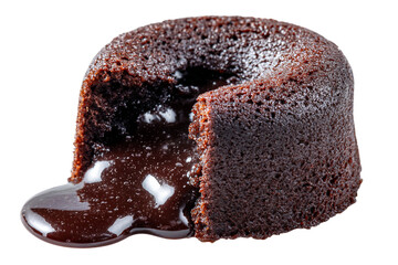 Decadent lava cake slice with flowing chocolate core isolated on transparent background