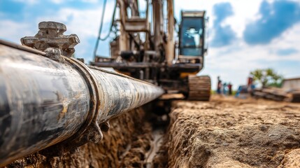Industrial pipeline being installed in a trench at a construction site with heavy machinery
