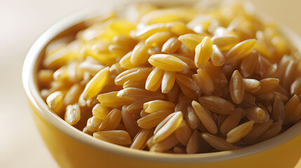 kamut. Close-up of a bowl containing cooked grains, highlighting their elongated shape. menu design, packaging mockups, designed for culinary blogs and recipe cards for restaurants.