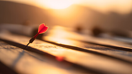 dartboard. Close-up of dartboard with single dart at bullseye, bathed in golden sunset lighting. inspiring travel planning, event key visuals, designed for fitness apps and gym onboarding.