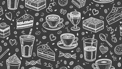 Chalkboard Style Drawing of Coffee and Desserts Assortment. © Elsa