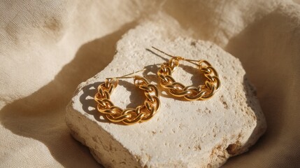 Gold hoop earrings on stone display