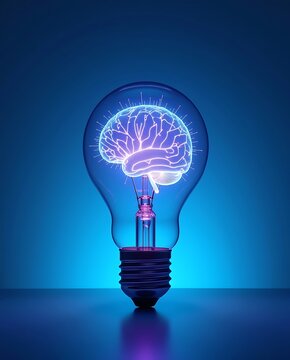 Innovative idea with brain inside glowing light bulb on blue background
