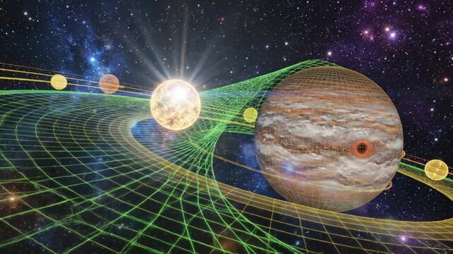 Futuristic Digital Visualization of Planets in a Solar System with Gravity Waves and Stars in Deep Space