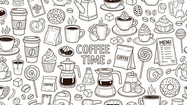 Hand Drawn Coffee Time Doodle Collection With Various Elements.