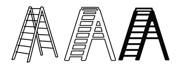 Editable folding ladder, step, stepladder vector icon. Construction, tools, industry. Three A-frame ladders in different line styles and colors. 
