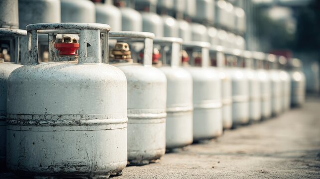 Rows of industrial gas cylinders for propane or LPG storage at a distribution facility