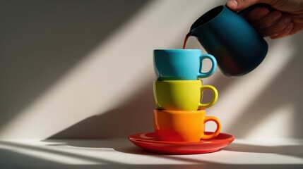 Pouring coffee into stacked cups