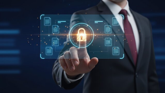 A businessman pressing a secure lock interface for Know Your Customer Digital Verification and protected documents