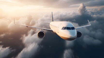Fototapeta premium cockpit. Commercial airliner cutting through dramatic clouds, sunlight breaking through for a cinematic effect. event key visuals, club posters, designed for fitness apps and gym onboarding.