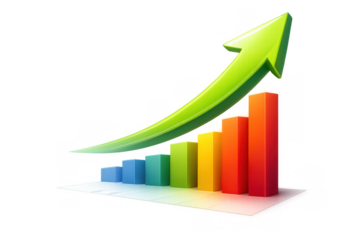 Business growth bar chart presenting financial progress with an upward green arrow for success and income increase, transparent background
