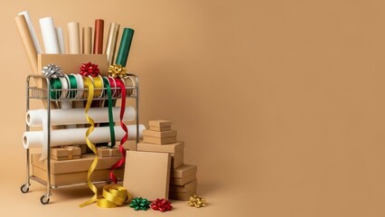 Organized gift wrapping station for holiday season with essential craft supplies with copy space
