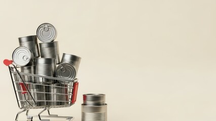 Miniature shopping cart full of metal tin cans on a light background with copy space