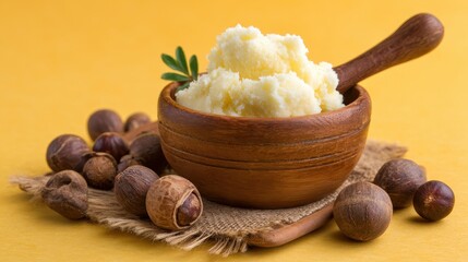 Natural Shea butter in a wooden bowl with shea nuts on a yellow background