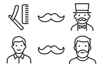 Vintage barber icons with mustaches and male hairstyles in line art