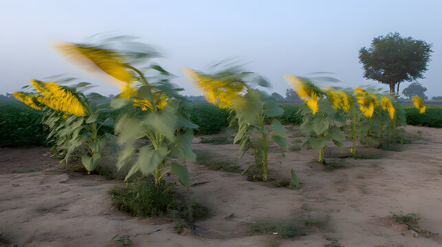 capitulate. Sunflowers swaying in a field during golden hour, nature scene. gardening catalogs, home-decor guides, designed for home decor and floral branding and gardening and botanical catalogs.