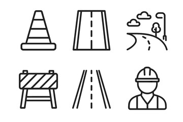 Road and construction icons: cone, barricade, worker, road, path, street
