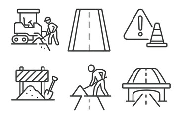 Road construction icons with machinery, workers, and safety signs