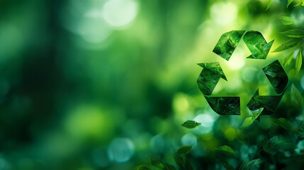 Green recycling symbol made of leaves on blurred forest background for eco sustainability concept