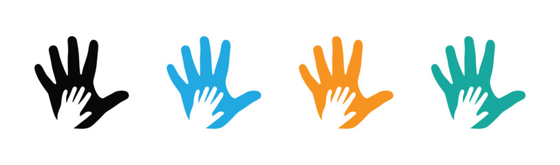 Obraz premium hand prints representing childhood support design, Charity icons set. shows the relationship between parent and children. Colorful hand icons in different colors for support and teamwork. 
