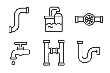 Collection of plumbing icons including pipes, faucets, and water tank