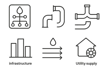 Utility infrastructure icons set with water supply and pipe designs