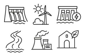 Renewable energy icons: hydropower, wind, solar, river, nuclear, eco home