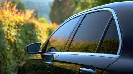 Close-up of a luxury black car with tinted windows reflecting a lush green garden