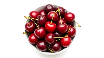 Fresh cherries in a white bowl on a white background