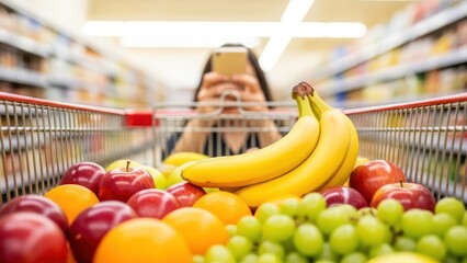 Customer captures fresh fruit selection in a grocery cart with smartphone for marketing