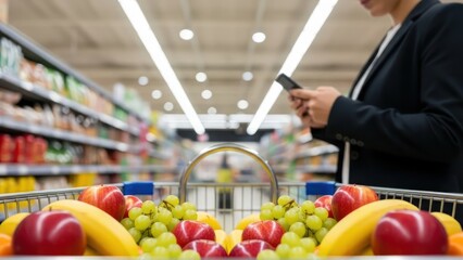 Healthy choices: a full shopping cart with fresh produce and a woman on her phone for marketing