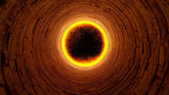 Glowing circular tunnel interior with fiery orange ring at center viewed from inside structure