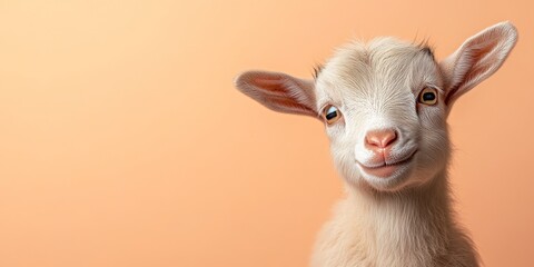 Fototapeta premium Adorable white baby goat smiling on an orange background