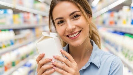 Happy woman shopping for fresh milk in a bright supermarket aisle for marketing