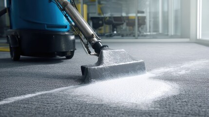 Professional carpet cleaning with extraction machine in office