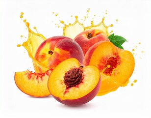 Fresh Peaches with Juice Splash on White Background
