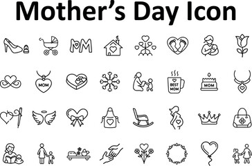 Fototapeta premium Mothers day icon set collection of line art symbols for motherhood, family, love, and celebration isolated on transparent background
