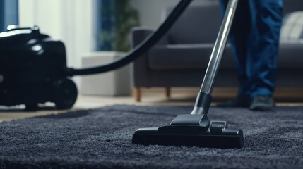 Vacuum cleaner cleaning dark rug in modern living room