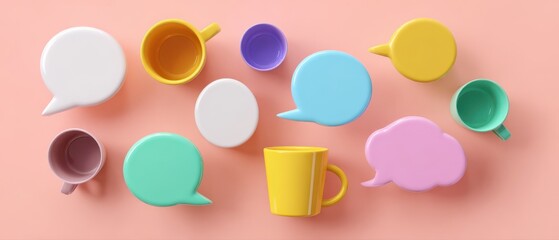 Colorful speech bubbles with coffee cups on pastel background