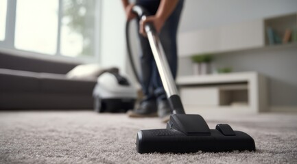 Person vacuuming light carpet in bright modern living room