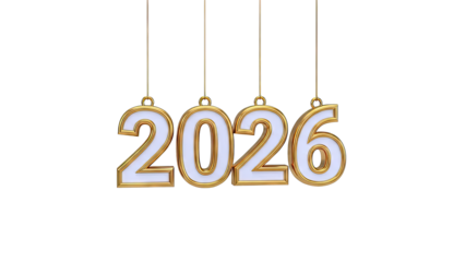 Gold and White 2026 Numbers Hanging Against White Background