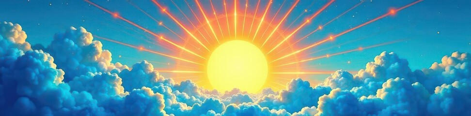 Dynamic sun rays pierce stylized blue cloudscape; bold pop art style , sky, background